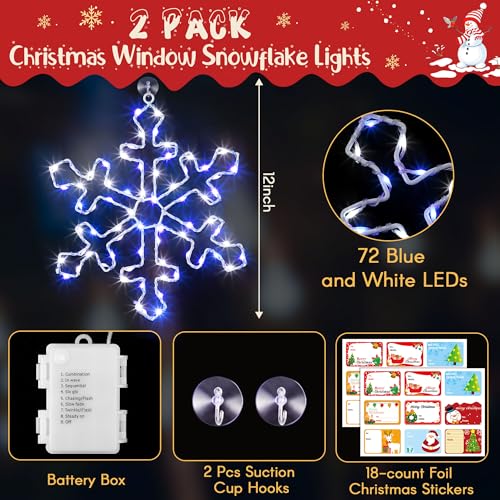 Snowflake Christmas Window Lights 12 Inch Blue White LED String Lights - 8 Modes Battery Powered Set with Suction Hooks