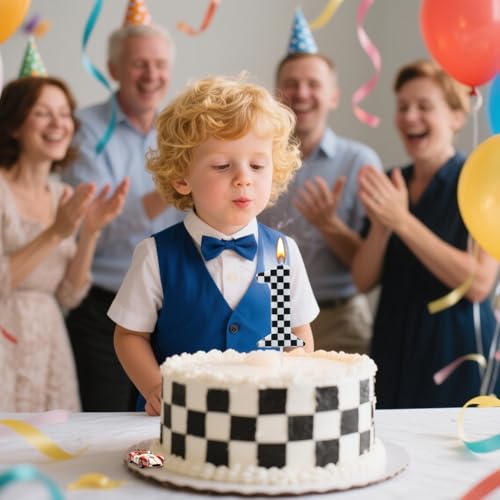 Racing Car 1st Birthday Candle - Black & White Checkered Design