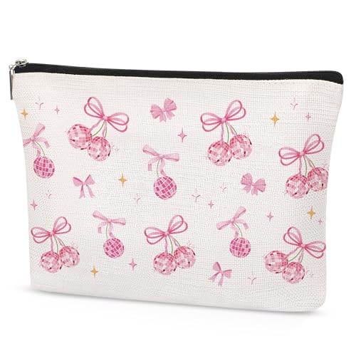 Pink Bow Makeup Bag Waterproof Linen Travel Cosmetic Pouch for Women