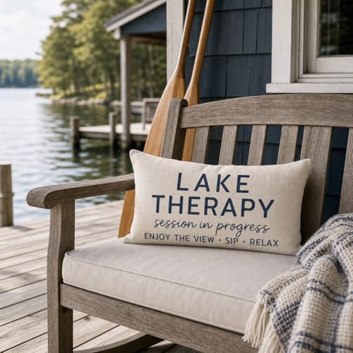 Lake Therapy Lumbar Throw Pillow Cover, 12x20 Inch Farmhouse Cream Decor