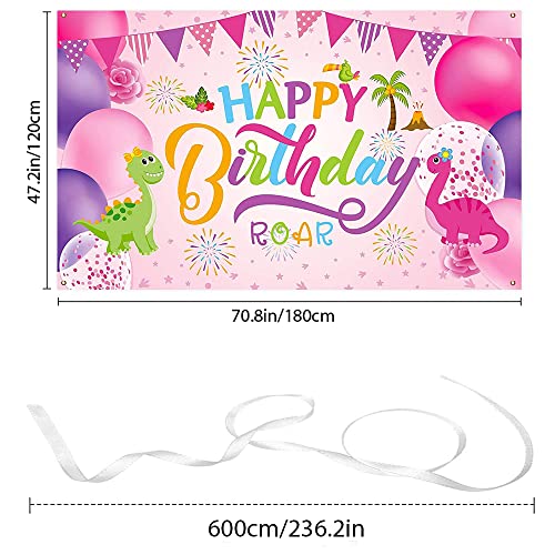 Dinosaur Birthday Backdrop Banner - Pink Photo Background for Girls