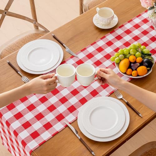 Alsoo Red Gingham Table Runner 13 x 90 Inches - Farmhouse Checkered Cotton Linen Decor