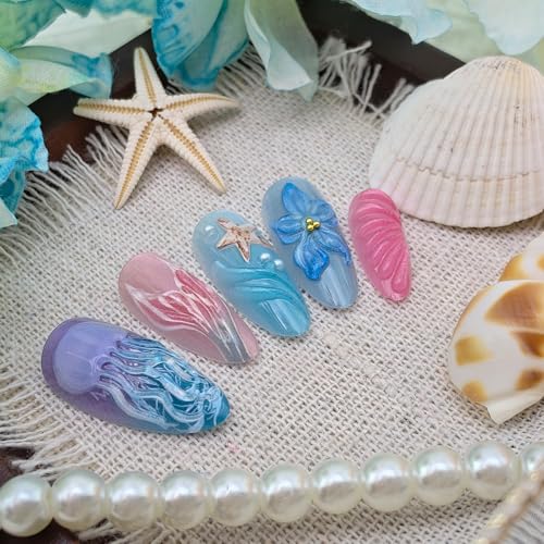 GUAACCB Medium Almond Press on Nails Summer Beach Fake Nails