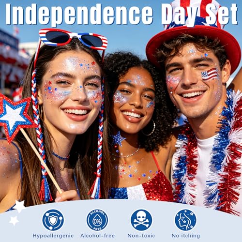4th of July Face Glitter Stick and Rhinestone Gem Stickers Patriotic Makeup