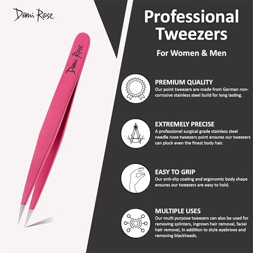 DEMI ROSE Pointed Tweezers - High Carbon Stainless Steel Precision Needle Nose Tweezers for Ingrown Hairs Splinters and Eyebrows