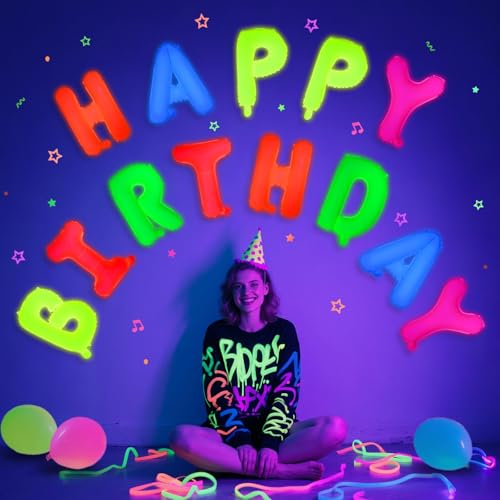 Glow in the Dark Happy Birthday Balloons - 16 Inch Neon Party Decor