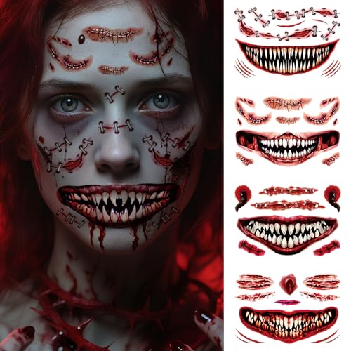 Cerlaza Halloween Temporary Tattoos Scary Big Mouth Clown & Scars Kit