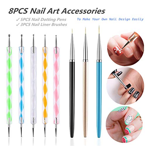 8-Piece Nail Art Brush and Double-Ended Dotting Pen Set for Manicure Design
