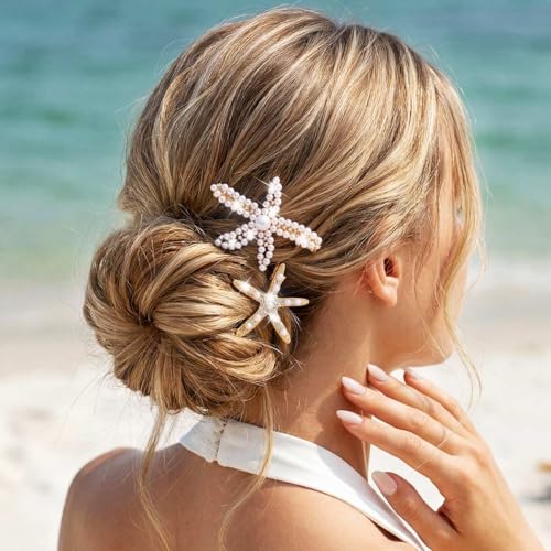 CAKURE Gold Starfish & Seashell Hair Clips - Mermaid Hair Accessories (2 Pack)