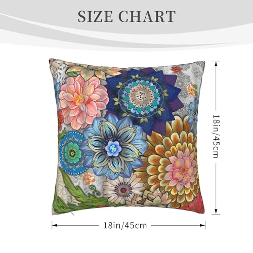 Bohemian Mandala Throw Pillow Cover 18x18 Inch - Colorful Floral, Boho Style, Double Sided Design