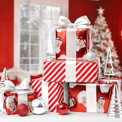 Christmas Wrapping Paper - Santa & Candy Cane Foil Design, 17 x 33 Feet - Classic Santa Variation