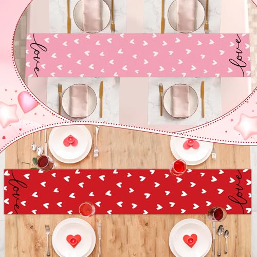 Valentine's Day Reversible Linen Table Runner 13 x 72 Inch Red and Pink