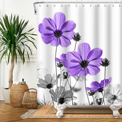 Violet Grey Floral Shower Curtain, 72x72 Inch, Vintage Botanical