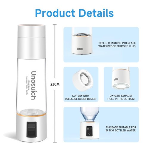 Unosuich Hydrogen Water Bottle Generator - Up to 5000PPB High Concentration, SPE & PEM Tech for Pure Hydrogen, Portable Rechargeable Ionizer for Travel & Home, Healthy Antioxidant Gift