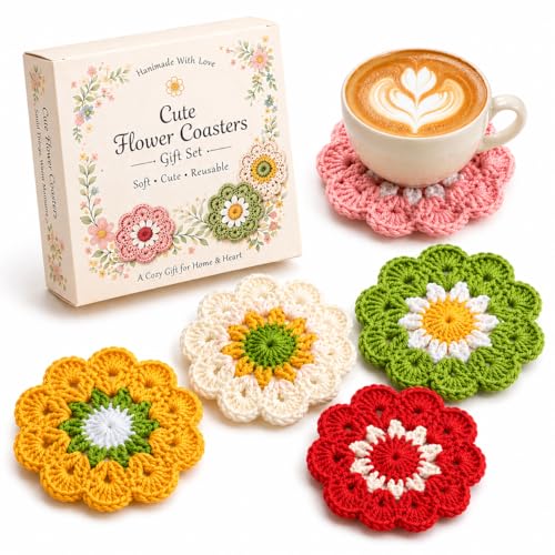 Flower Crochet Coasters Set of 5 - Cute Drink Protectors for Home