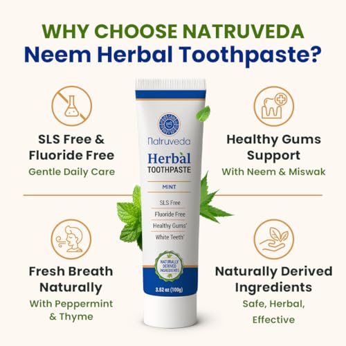 Natruveda Neem Herbal Toothpaste - Fluoride Free & SLS Free Ayurvedic Care 3.52 oz