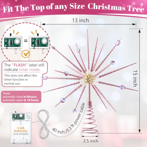 Pink Battery Operated Starburst Christmas Tree Topper Lighted - Mid Century Style