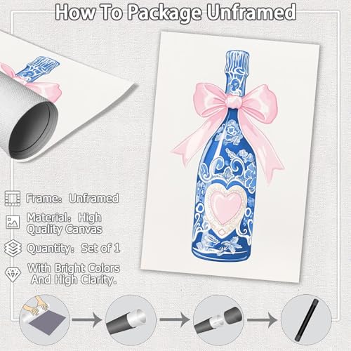 Funky Pink Bow Champagne Bottle Canvas Art - 8x12in Unframed