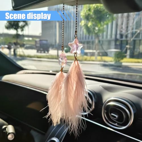 Car Rearview Mirror Charm - Fuzzy Feather & Resin Star Pendant
