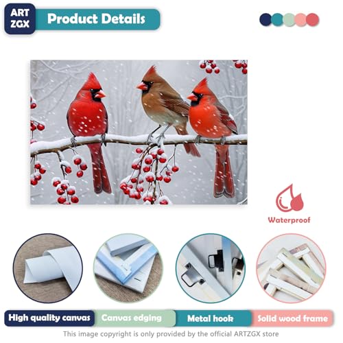 Christmas Cardinal Canvas Wall Art - Red Bird Winter Scene, 16x24 Inches, White Frame