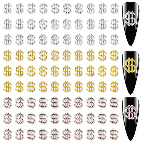 WOKOTO 90pcs 3D Money Sign Nail Charms - Gold, Silver & Rose Gold Alloy