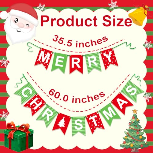 Merry Christmas Banner - Red Green Hanging Decoration, 6.15x5.12in