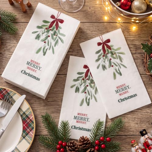 Christmas Paper Napkins Mistletoe Design - 100 Pack Holiday Disposable Napkins