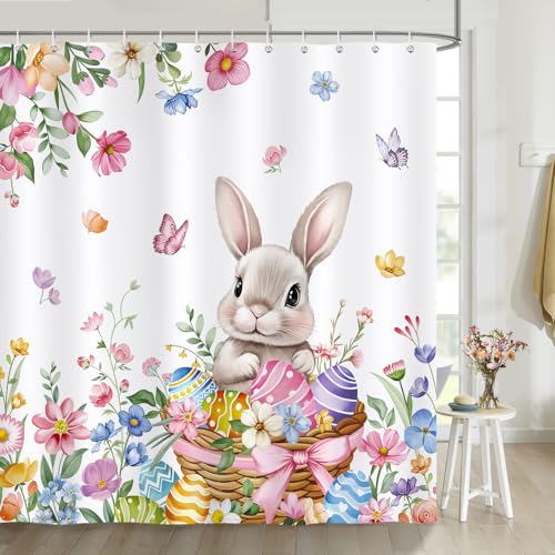 Spring Easter Bunny Shower Curtain - 72x72 Waterproof Fabric with 12 Hooks
