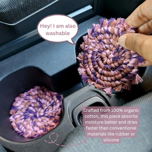 Very Berry Cotton Car Coasters - Handmade Boho Set of 2 for Cup Holders