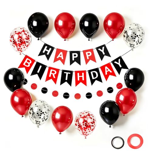 Black and Red Birthday Decorations Set - Banner, Balloons & Garland