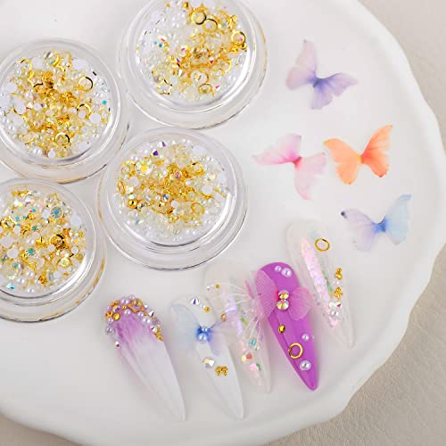 WEILUSI 4 Boxes Nail Art Rhinestones and Pearls Mix with Butterfly Charms
