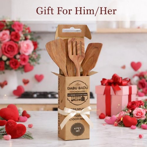 DADU BADU 10 Piece Teak Wood Utensil Set - Non-Toxic, Ultimate Kitchen Cooking Spoons & Spatulas for Nonstick Cookware - Includes Pasta Spoon, Ladle & Skimmer - Premium Wooden Utensil Gift Set
