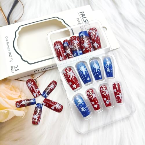 4th of July Press on Nails Medium Square Fake Nails Star Design