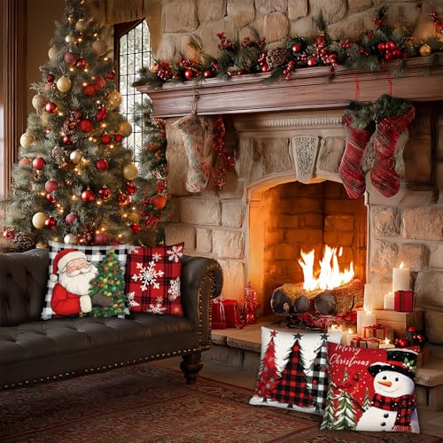 Christmas Throw Pillow Covers Set of 4 18x18 Inches Holiday Decor Cushion Cases