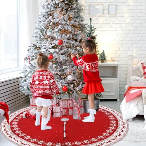 72-Inch Red Christmas Tree Skirt with Snowflakes and Reindeer, Extra Large Farmhouse Holiday Decor