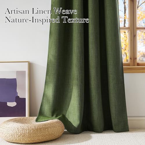 NICETOWN Faux Linen Blackout Curtains - Forest Green, 42"W x 63"L, Set of 2