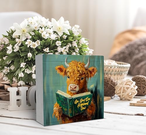 Highland Cow Wooden Box Sign Motivational Desk Decor 5x5 Inch