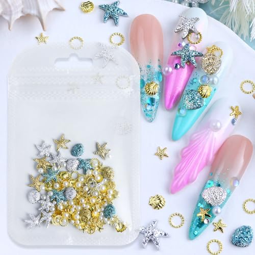 OSTTMA 100Pcs Summer Nail Charms 3D Seashell Starfish Pearls Rhinestones