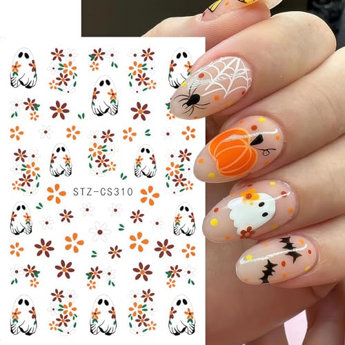 6 Sheets Ghost Nail Stickers 3D Self-Adhesive Spooky Floral Fall Decals