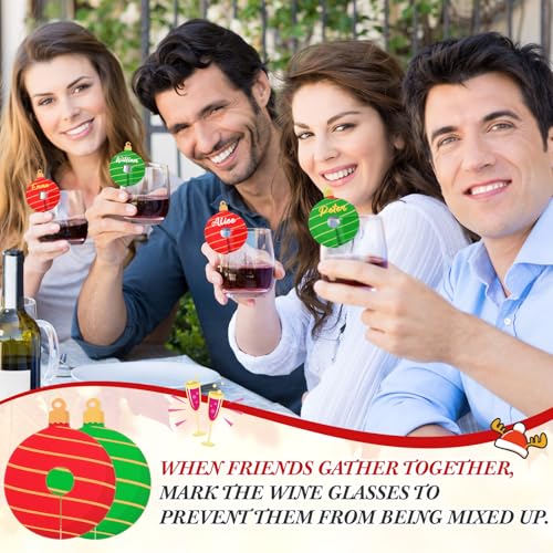 Christmas Ball Wine Glass Charms Set - 48 Paper Drink Markers with Gold & Silver Markers - Holiday Party Favors