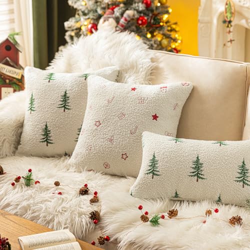 Christmas Tree Throw Pillow Cover 18x18 White Boucle with 3D Embroidery - Xmas Variation