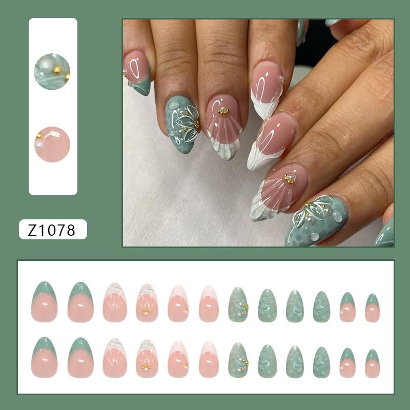 Short Almond Press On Nails White Glossy False Nails With Flower Designs 24 Pcs