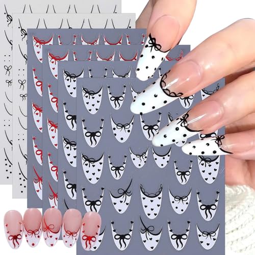 French Nail Stickers 6 Sheets Self-Adhesive Red Black Bow Heart Decals