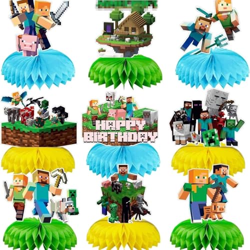 Pixel Birthday Party Honeycomb Centerpieces Set - 9 Pcs Anime Decorations