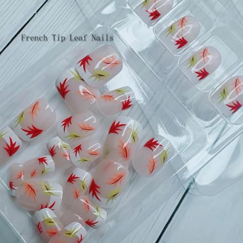 Fall Press On Nails Short Square Maple Leaf Glossy False Nails