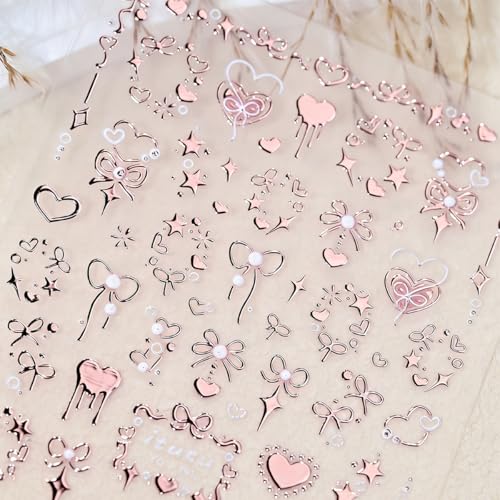 5D Embossed Valentine Nail Stickers Rose Gold Heart Bow Decals