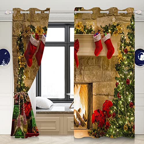 Christmas Fireplace Window Curtains 2 Panel Set - Xmas Trees Red Socks Gifts Merry Christmas Themed Window Drapes 42x96 Inches - Pack of 2