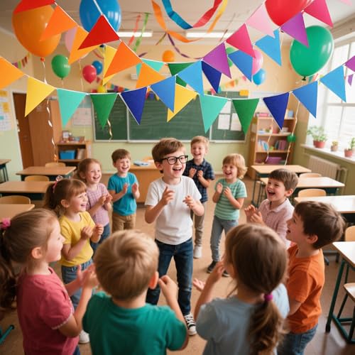 48-Piece Rainbow Pennant Banner Kit with Ribbons - Vibrant Party Decor