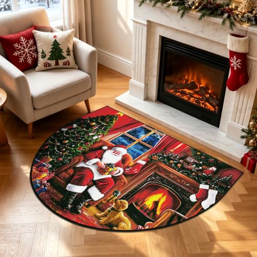 Christmas Entryway Rug 2x3 Half Circle Santa Claus Door Mat - Red, Washable, Non Slip