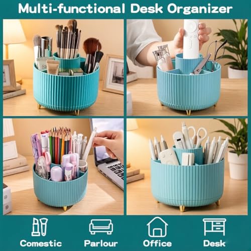 Y9A5N0K3O Blue Rotating Makeup Brush Holder with 5 Compartments